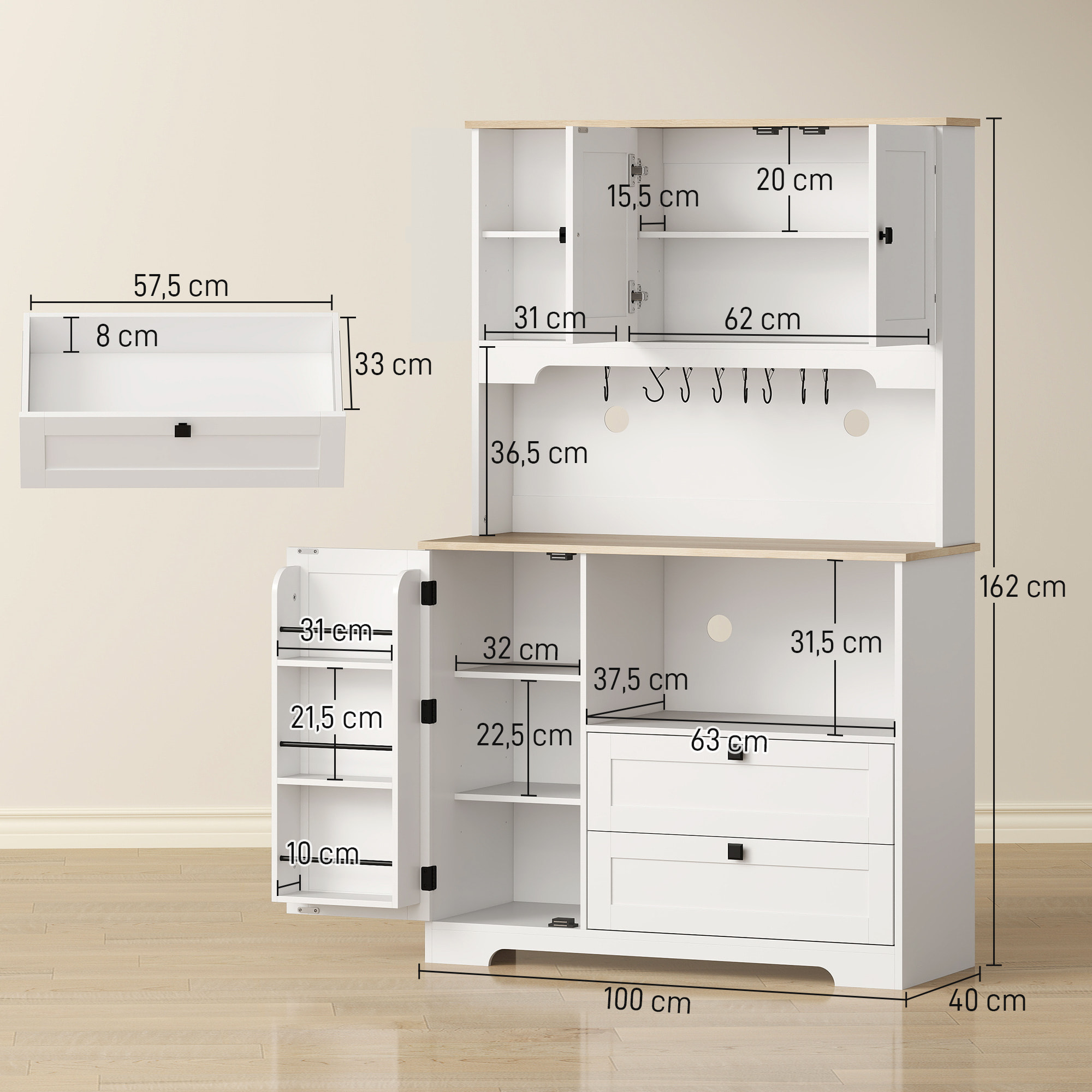 Alacena de Cocina, Mueble Auxiliar de Cocina con 3 Puertas, 2 Cajones, 3 Estantes en la Puerta, 8 Ganchos, Encimera Amplia para Microondas, Estantes Ajustables, Orificios para Cables, Blanco