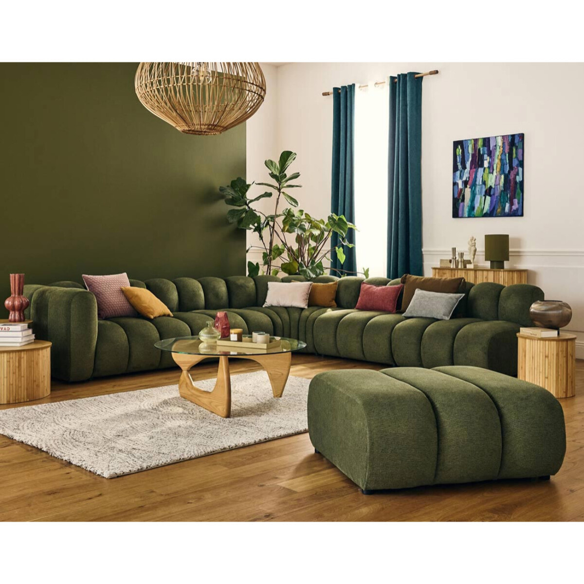 Debbie - canapé modulable d'angle droit 5 places en tissu texturé - Vert