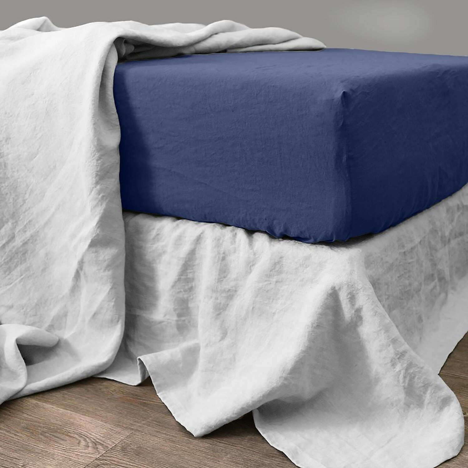 Drap Housse - Bonnet:40cm 100%lin LavÉ Colbalt