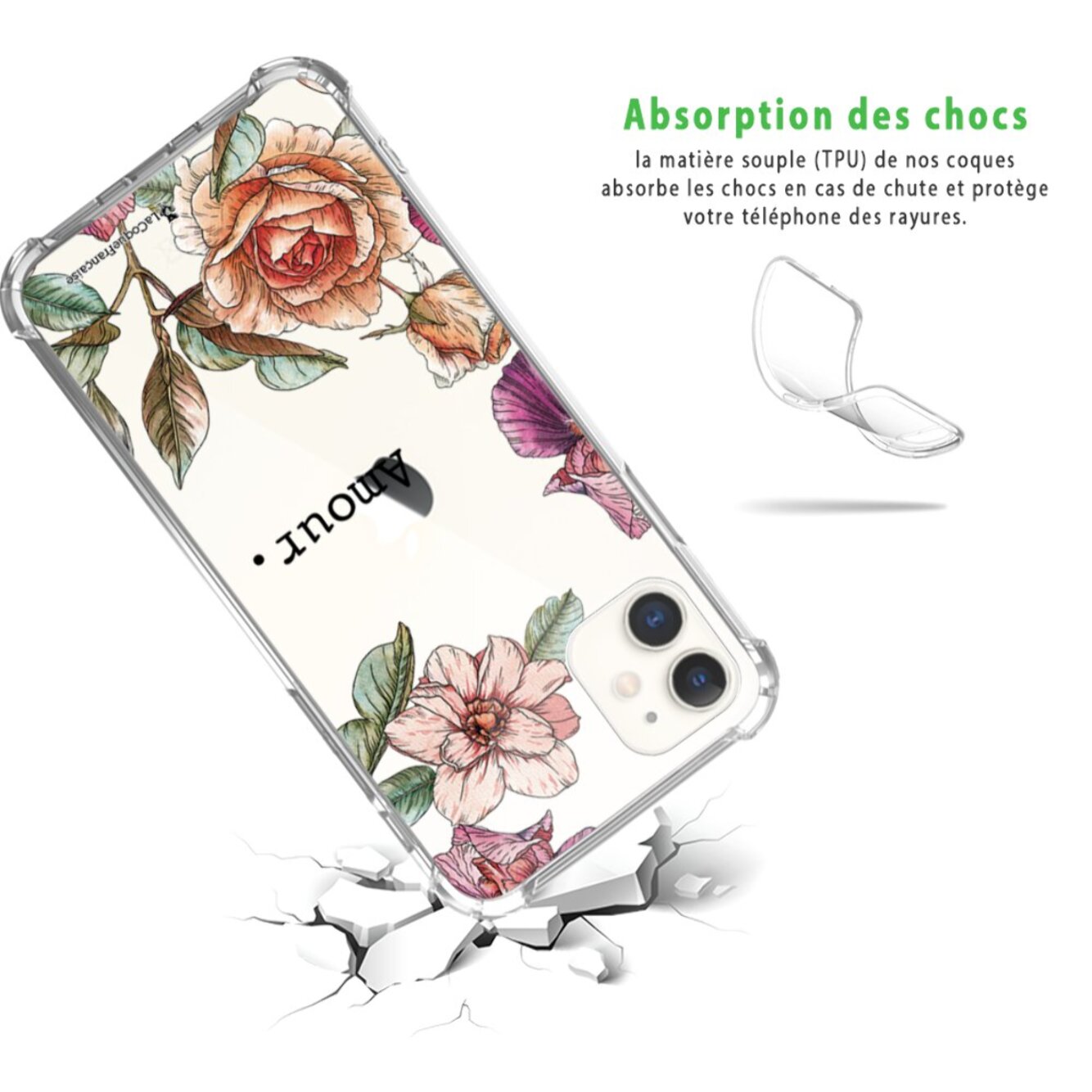 Coque iPhone 11 anti-choc souple angles renforcés transparente Amour en fleurs La Coque Francaise