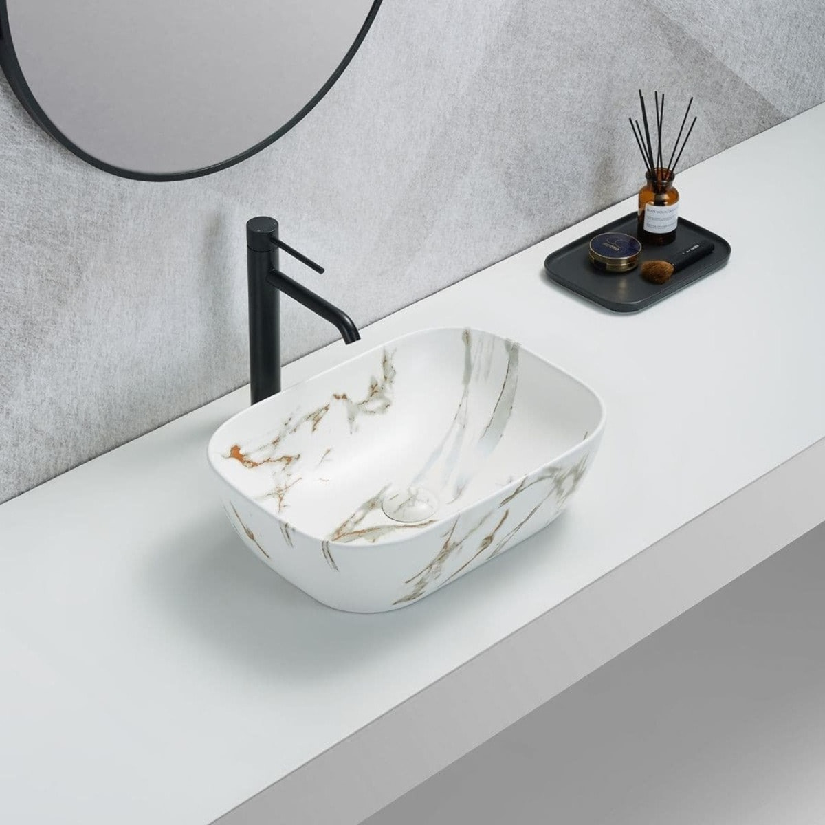 Vasque à poser 45,5 x 32,5 cm en céramique marbre blanc doré sans trop-plein SAT Infinitio (SATINF4532MR)