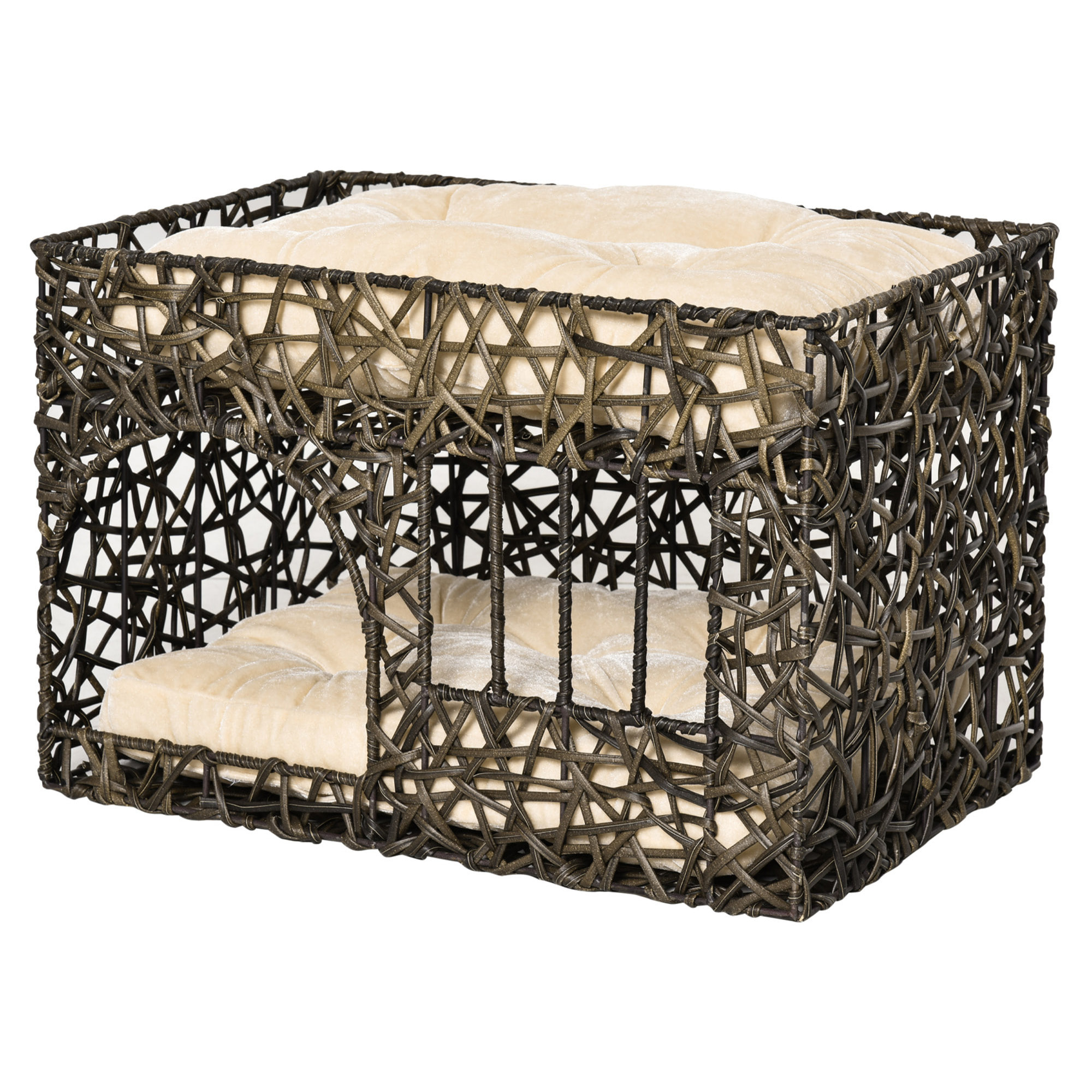 Cesta de Ratán para Gatos de 2 Alturas con 2 Cojines Suaves y Ventana 56x41x45cm
