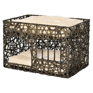 Cesta de Ratán para Gatos de 2 Alturas con 2 Cojines Suaves y Ventana 56x41x45cm