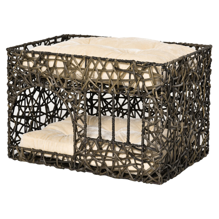 Cesta de Ratán para Gatos de 2 Alturas con 2 Cojines Suaves y Ventana 56x41x45cm