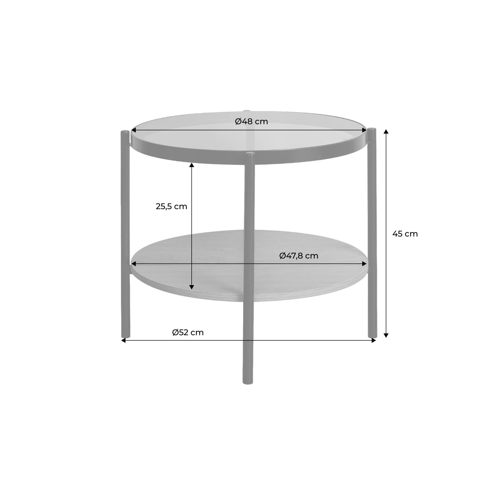 Table d'appoint ronde double plateau verre trempé, décor bois et métal SMOOKY