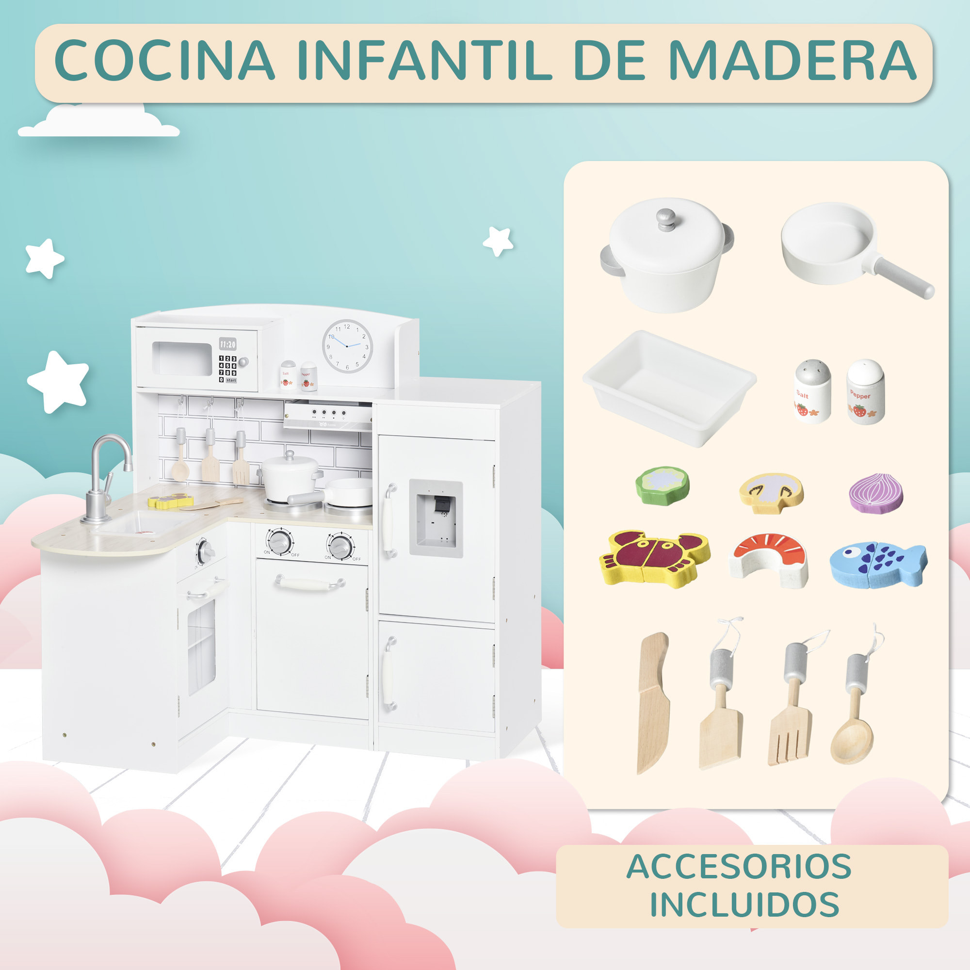 Cocina de Juguete de Madera para Niños de +3 Años con 14 Accesorios Separable Cocinita Infantil con Sonido Nevera Microondas Fregadero Campana 86x64x84,5 cm Blanco