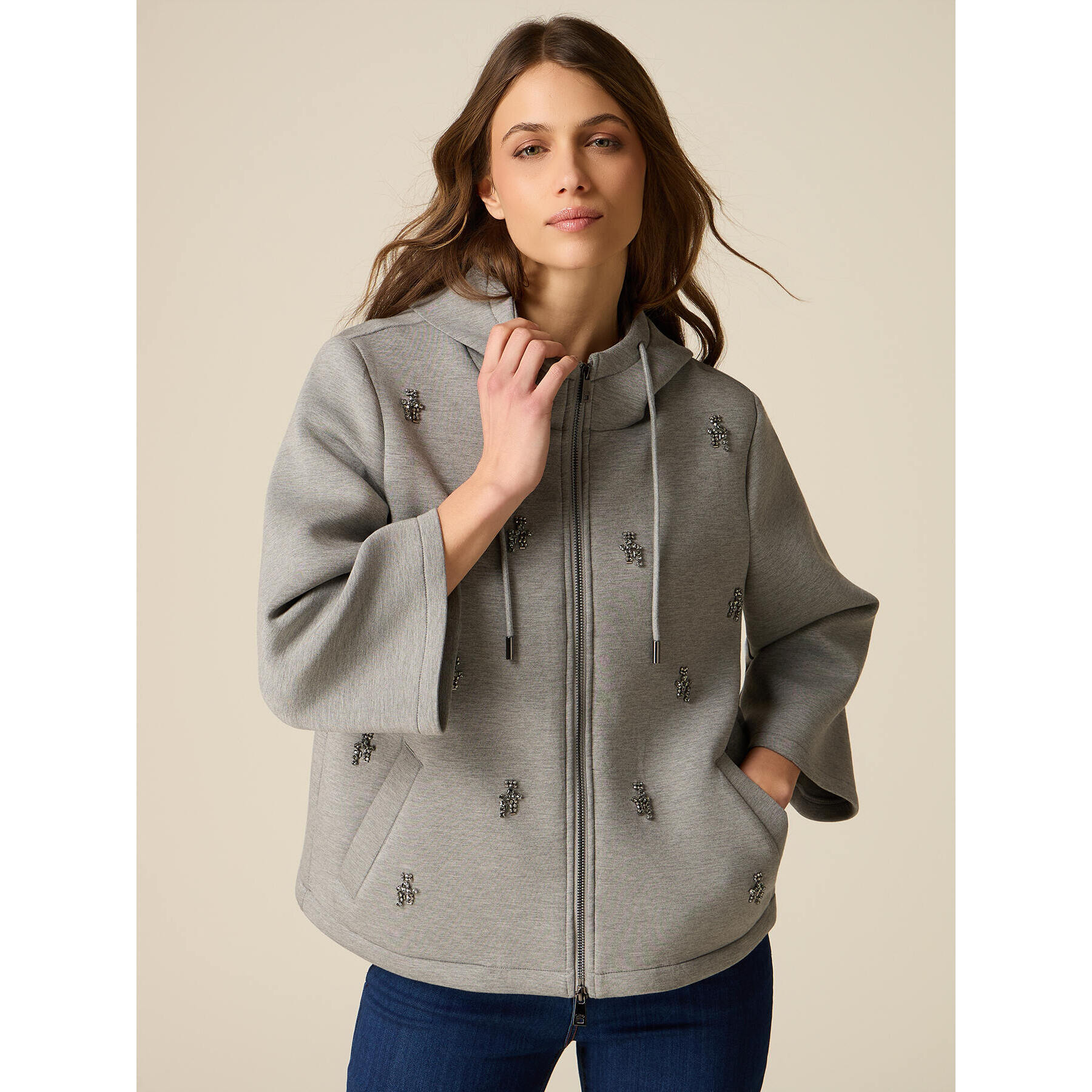 Oltre - Giubbotto in scuba con applicazioni gioiello - Grigio