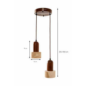 Suspension design 2 spots en travertin et effet bois noyer TIVOLI