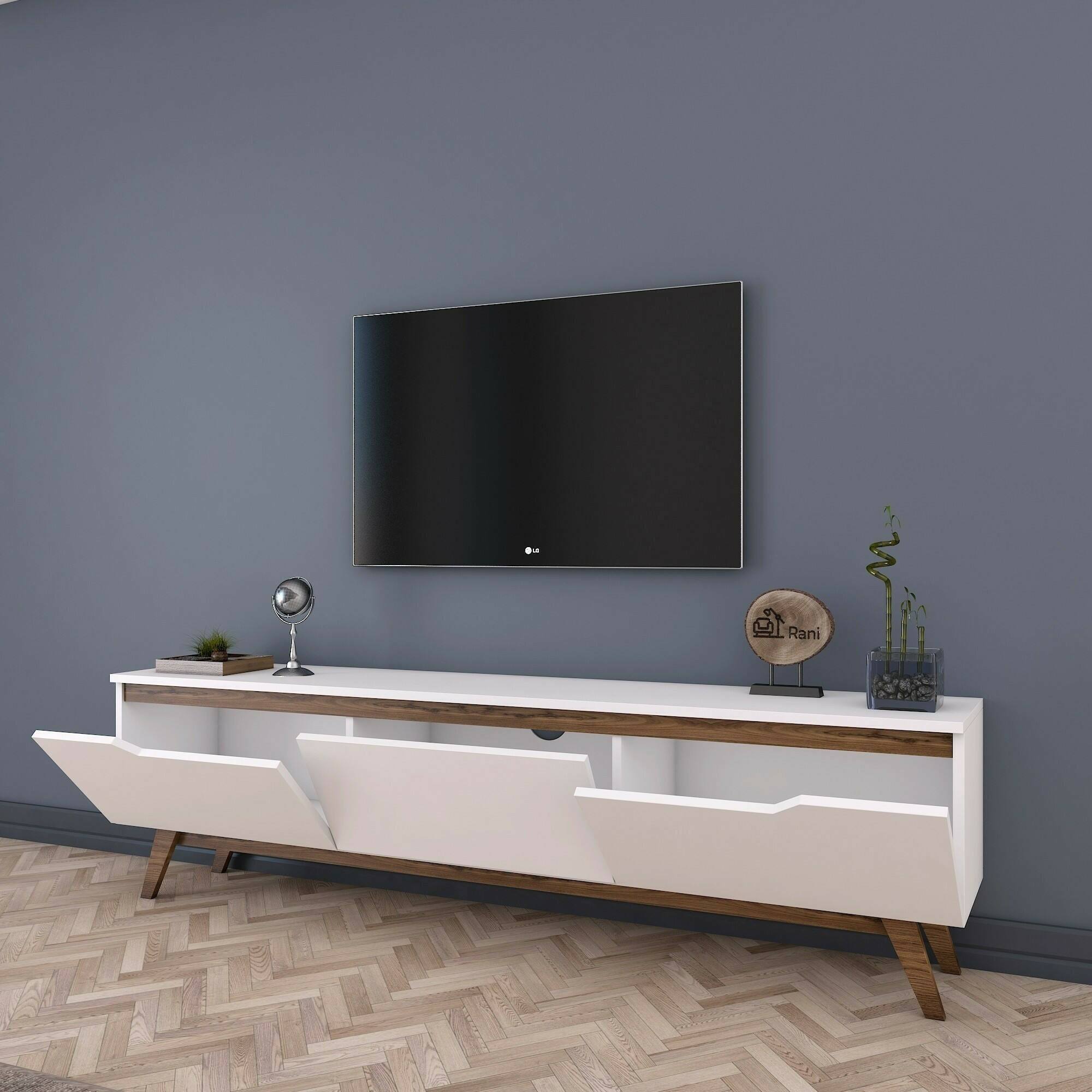 Mobile porta TV Apatite, Credenza da soggiorno, Armadio basso per TV, Base parete attrezzata, 180x35h49 cm, Bianco e Noce