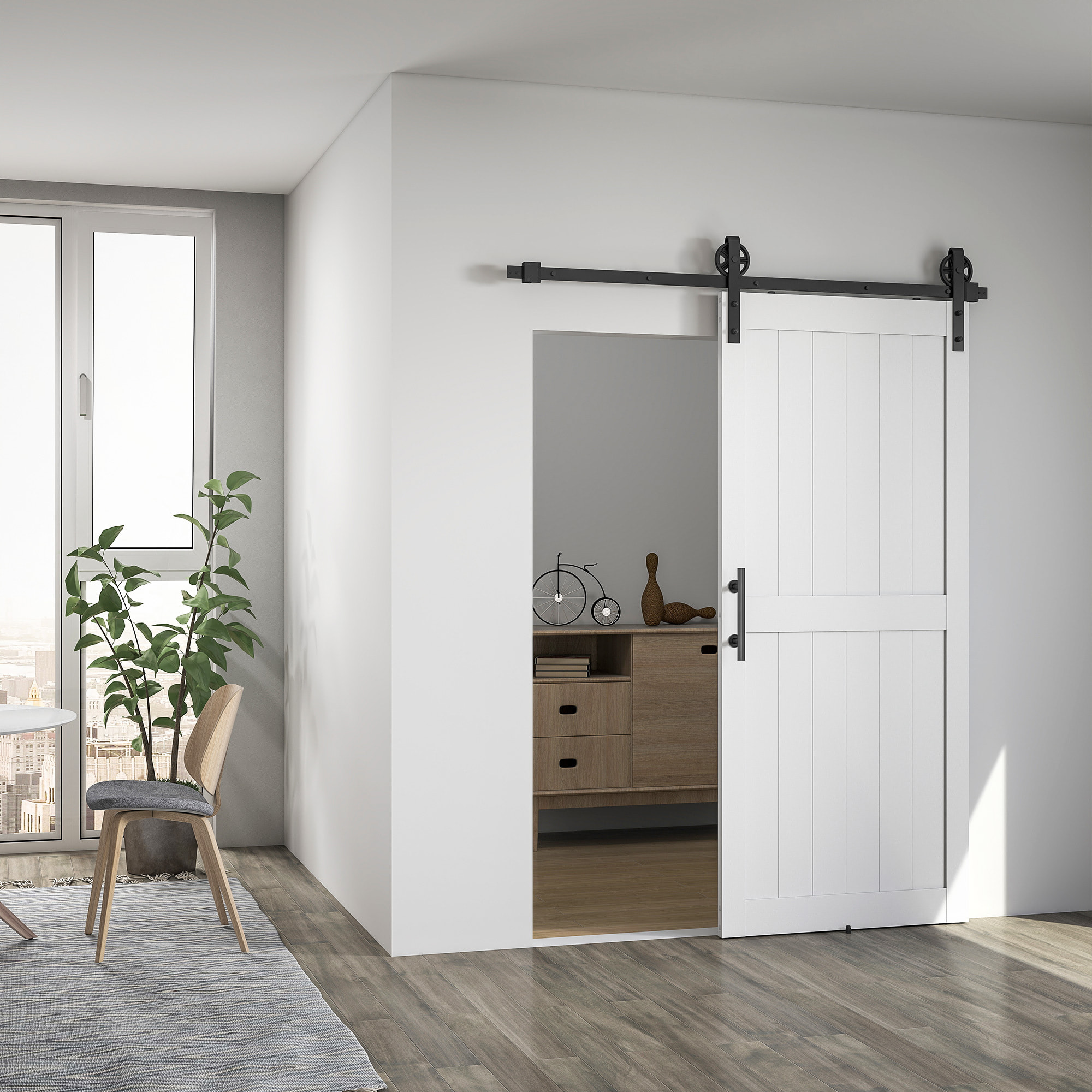 Puerta Corredera de Granero con Herrajes Puerta Corredera de Interior con Manija Rodillo y Guía de Suelo Mejorados para Baño Salón Sala de Estar 91,5x213,4 cm Blanco