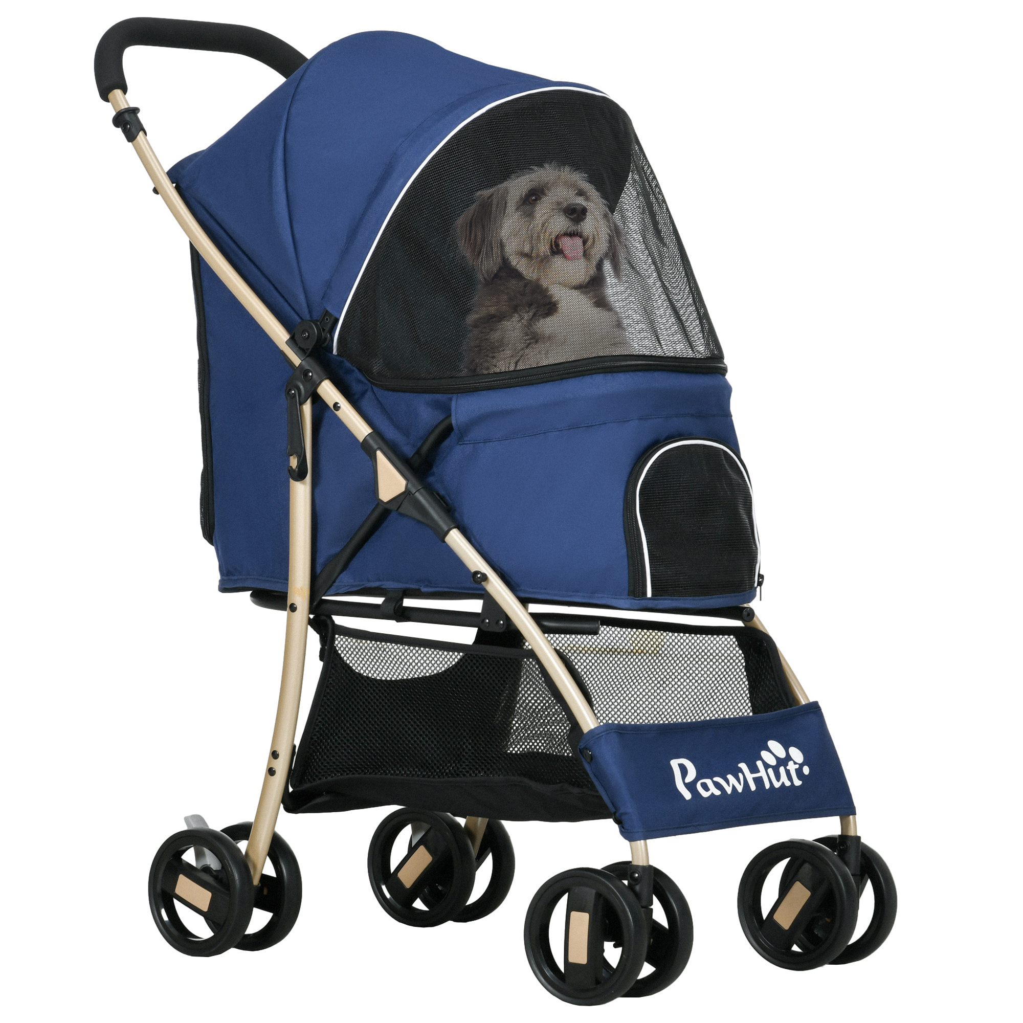 Poussette buggy pliable pour chien rangement laisses coussin inclus bleu