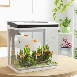 Acuario de Cristal de 28L Pecera Pequeña con Sistema de Filtro Iluminación LED Bomba de Agua 38x26x39,5 cm Blanco