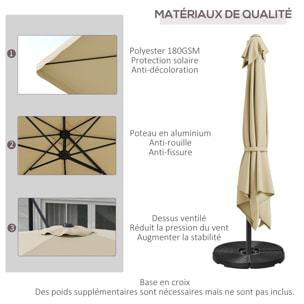 Parasol déporté carré inclinable manivelle avec piètement croix alu beige