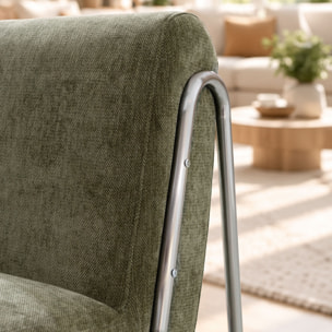 Fauteuil en tissu chenille et pied en métal vert HELIO