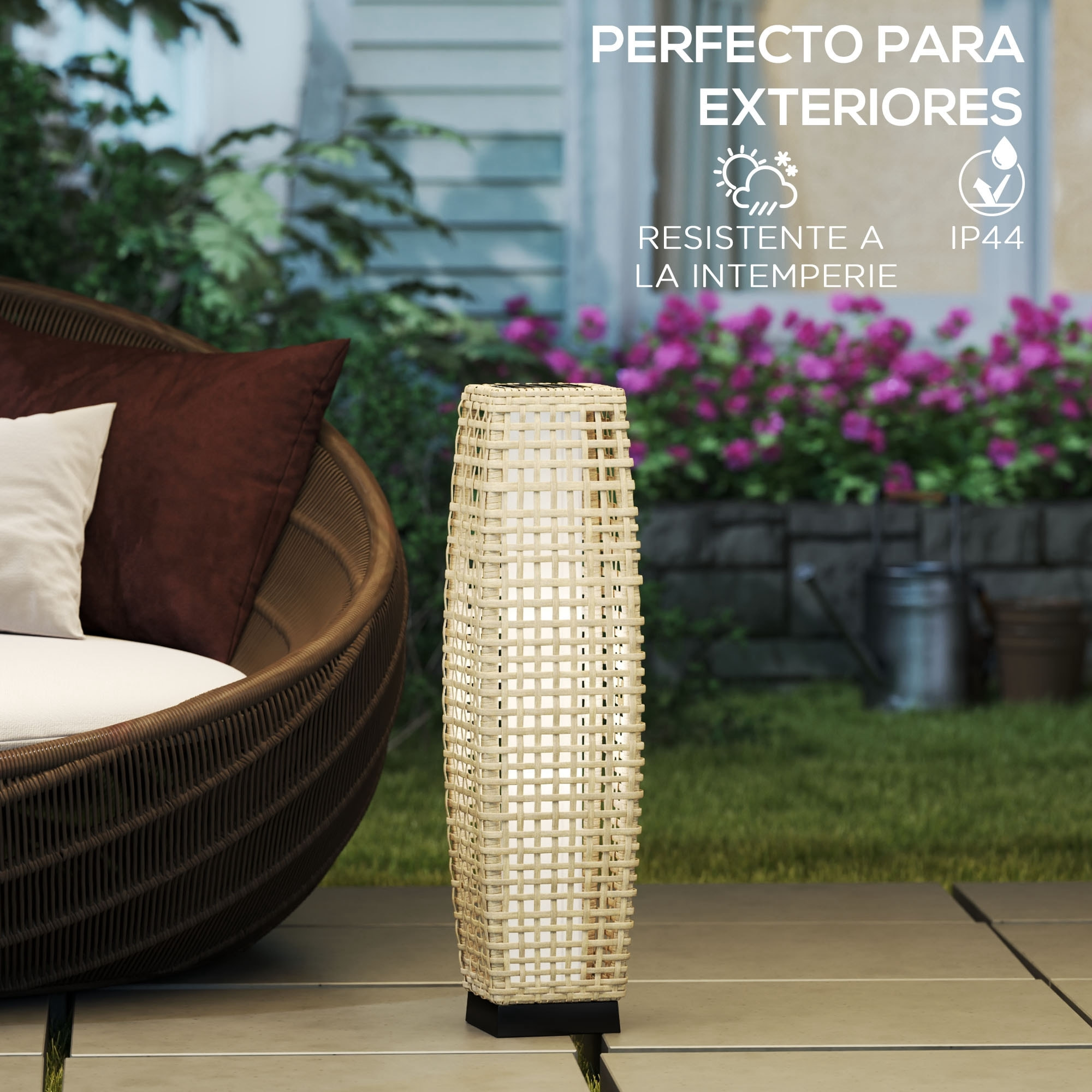 Linterna de Jardín de Ratán Sintético Luces Solares Exterior con Luces LED Encendido/Apagado Automático para Terraza Balcón Patio 21x21x78 cm Natural