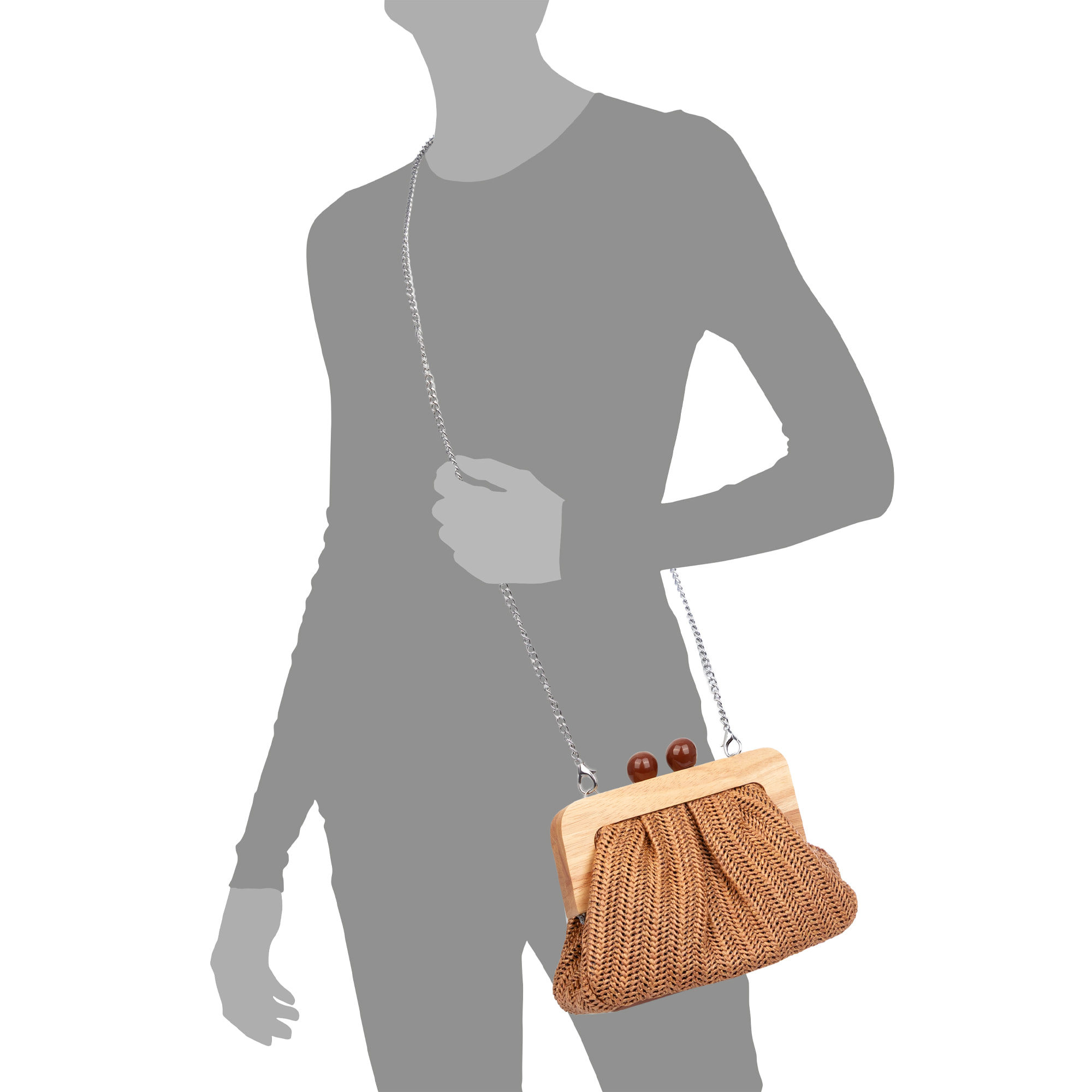 BeneLario Bolso bandolera Mujer. Tela con detalles de madera natural y piel sintética.