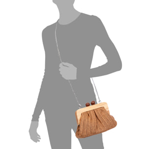 BeneLario Bolso bandolera Mujer. Tela con detalles de madera natural y piel sintética.