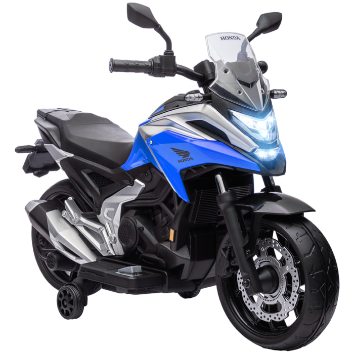 Moto électrique enfant Honda NC750x - musiques, feux AV LED, entrée USB MP3 jack - 2 roues support aux. - bleu