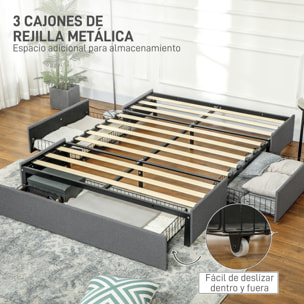 Cama Doble 140x190 cm Estructura de Cama Somier con 3 Cajones y Estructura de Metal Carga 363 kg Gris