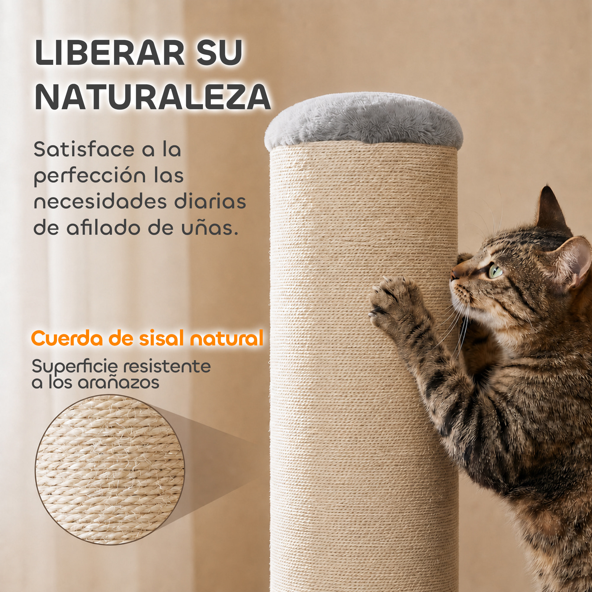 PawHut Poste Rascador para Gatos, Altura 75,5 cm, Rascador para Gatos Interior, Base Estable y Cuerda de Sisal Natural, Gris Claro