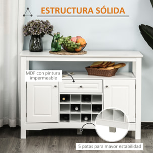 HOMCOM Aparador de Cocina Aparador de Comedor con 1 Cajón 1 Estante Abierto 2 Puertas y Botellero para 12 Botellas para Salón 116,5x40x82,5 cm Blanco