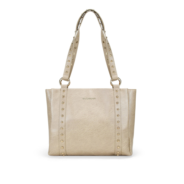 Bolso shopper beige para portátil con tachuelas