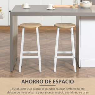 HOMCOM Juego de 2 Taburetes Altos de Cocina Taburetes de Bar con Patas de Acero y Reposapiés para Salón Comedor Bar Carga 75 kg 32,5x32,5x65 cm Natural y Blanco