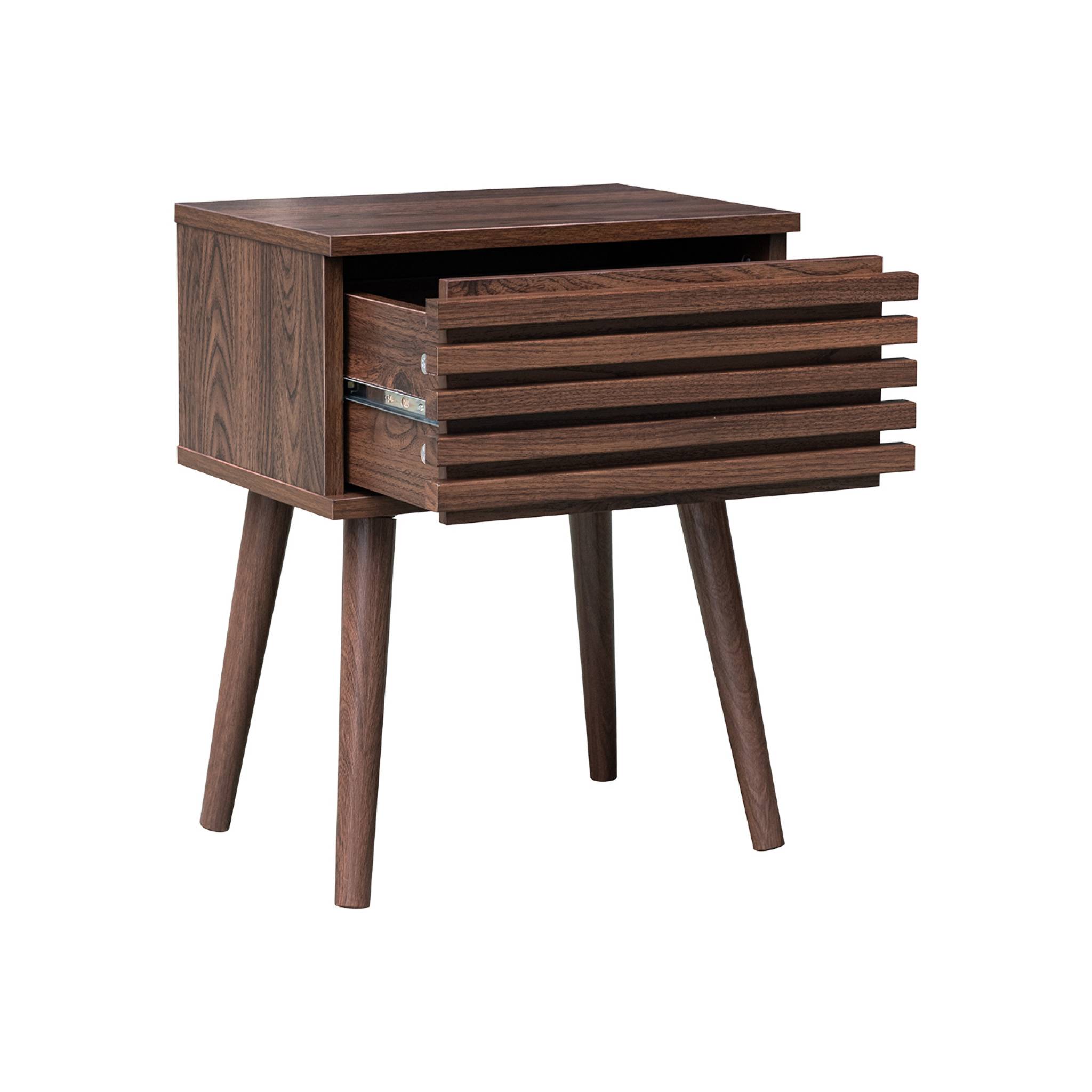 Table de chevet style scandinave décor bois couleur noyer avec tiroir rainuré et pieds compas