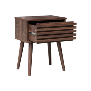 Table de chevet style scandinave décor bois couleur noyer avec tiroir rainuré et pieds compas