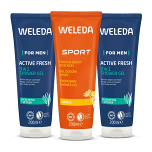 WELEDA - TRIO  Active fresh - Gel Douche énergisant X2 + Gel Douche Sport à l'Arnica X1 - Vegan* - Certifié Natrue ** - Tube de 3*200 ml