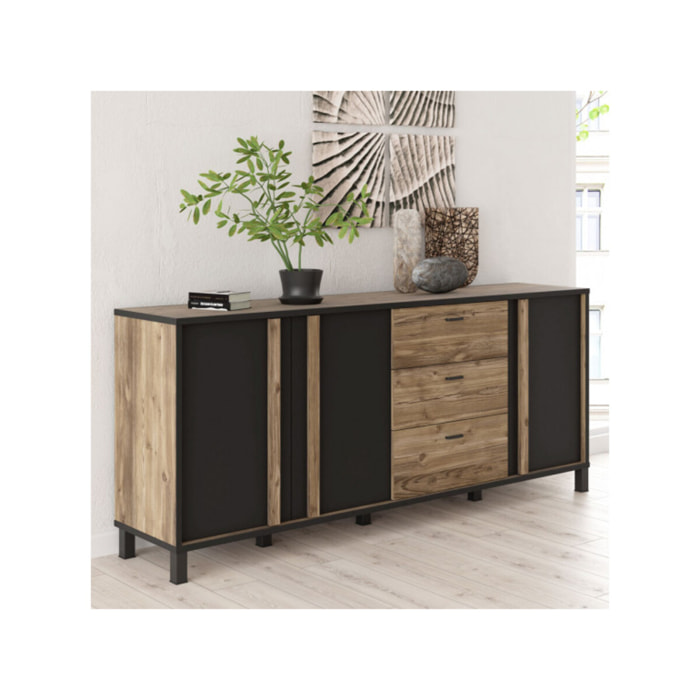 Buffet L.200 cm en bois effet chêne et noir - YAL