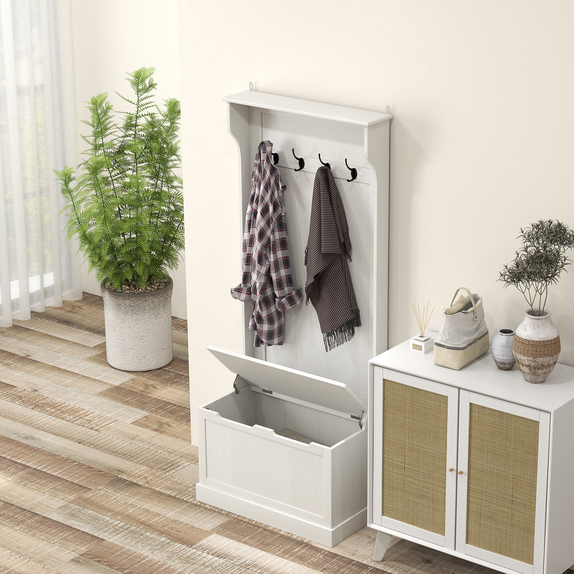 Perchero Zapatero, Perchero Recibidor con Banco de Almacenamiento, 4 Ganchos, para Pasillo, Dormitorio, Salón, Estilo Moderno, 71,5x39,5x170 cm, Blanco