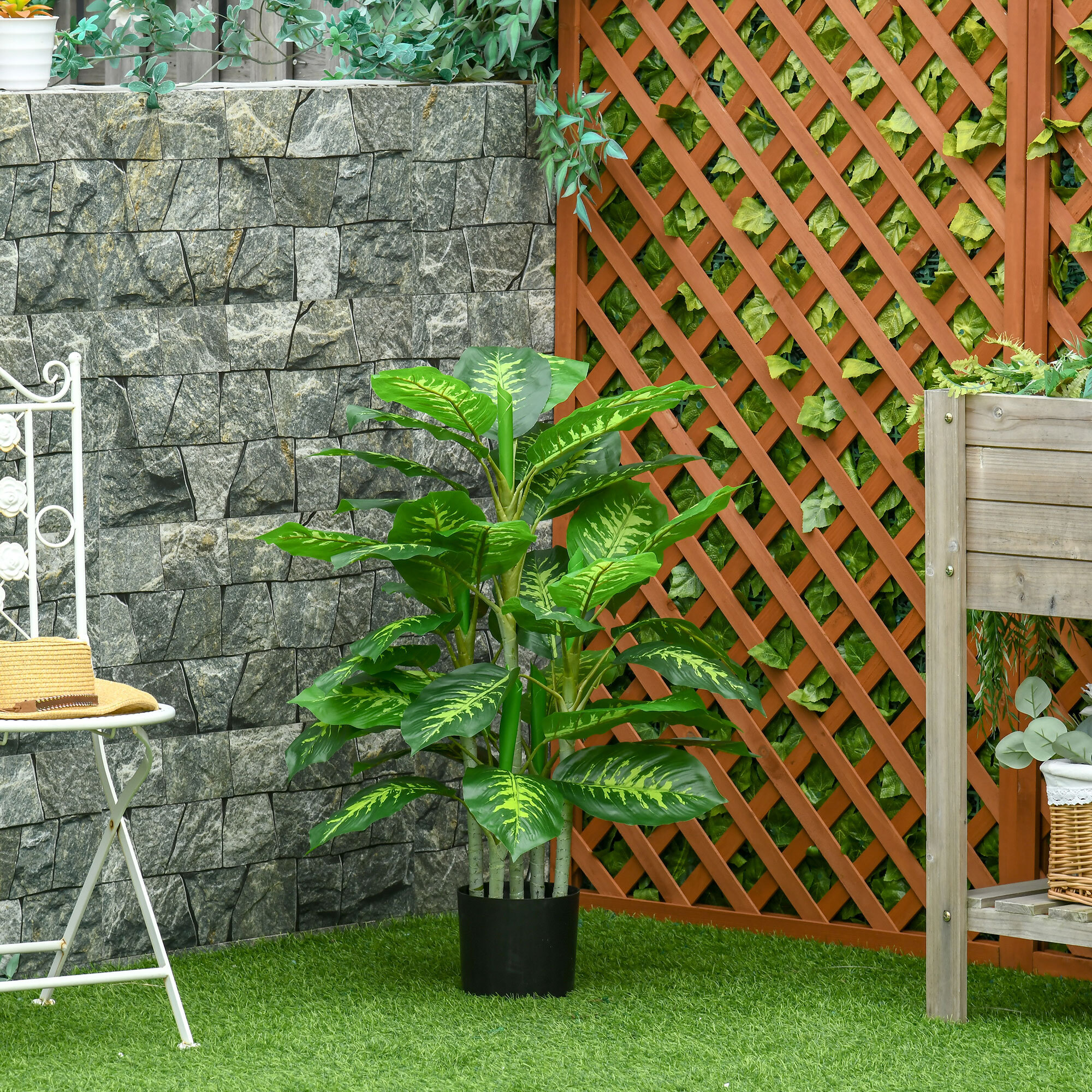 Planta Artificial de 95 cm Árbol Imitación Hoja Perenne en Maceta de Cemento