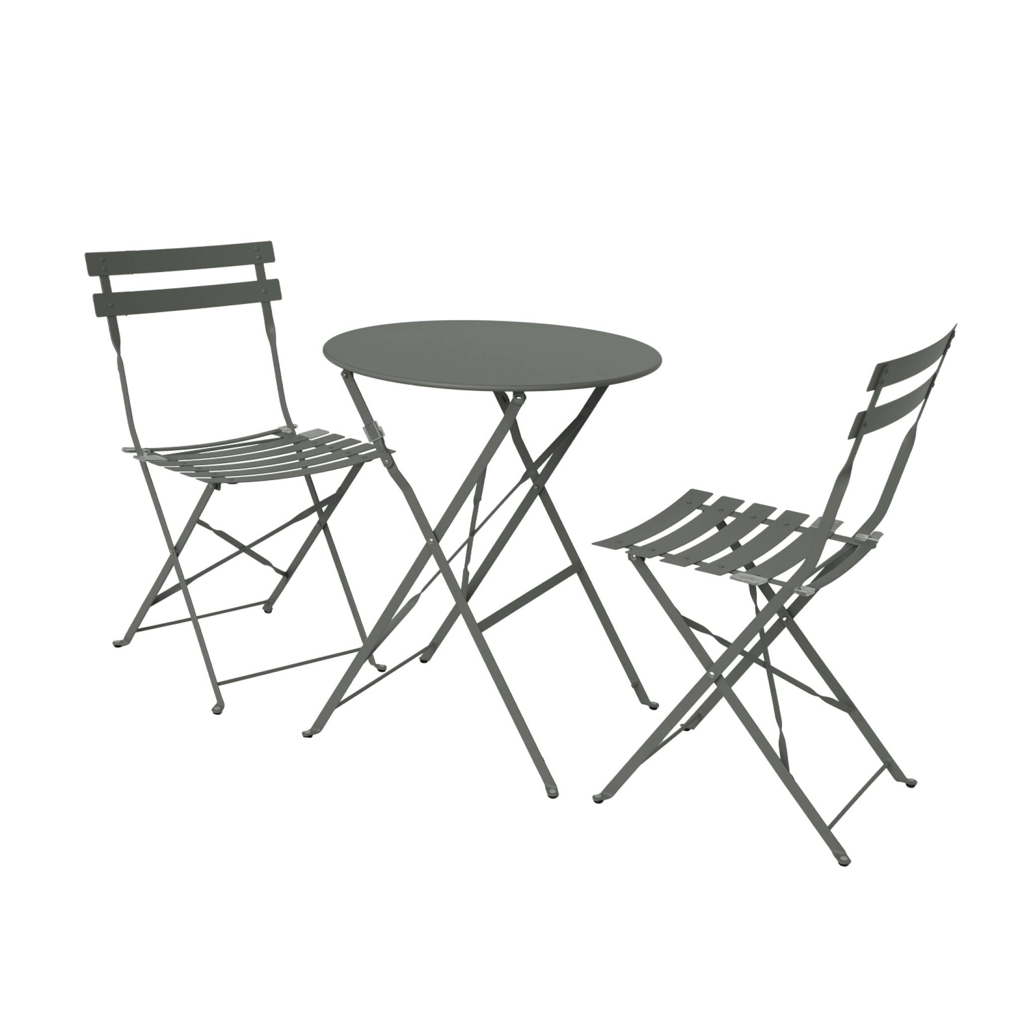 Table de jardin bistrot pliante métal + 2 assises kaki Ø60 x 70cm. acier thermolaqué