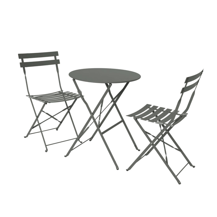 Table de jardin bistrot pliante métal + 2 assises kaki Ø60 x 70cm. acier thermolaqué