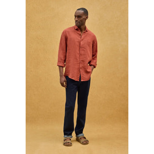 Camisa rojo ladrillo de lino de corte regular con bordado Polo Club