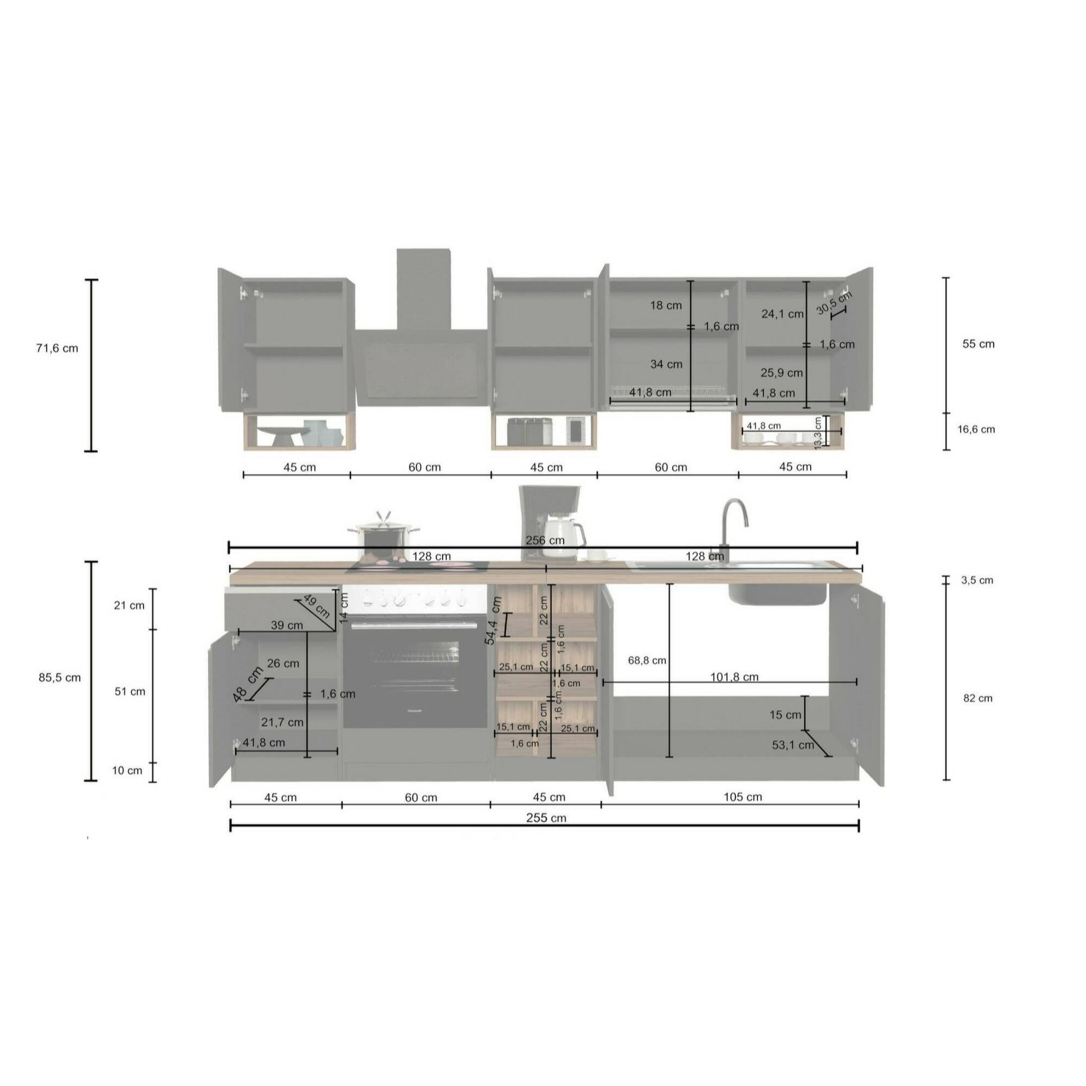 Cucina completa Dcelient, Cucina pratica e salvaspazio, Parete da cucina con 7 ante e 1 cassetto, 100% Made in Italy, 255x60h85 cm, Antracite e Rovere