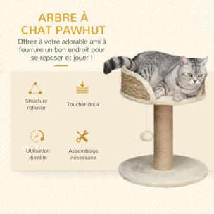 Arbre à chat griffoir 2 niveaux H. 49 cm - poteau sisal, plateforme observation, jeu de boule suspendue - jute polyester beige