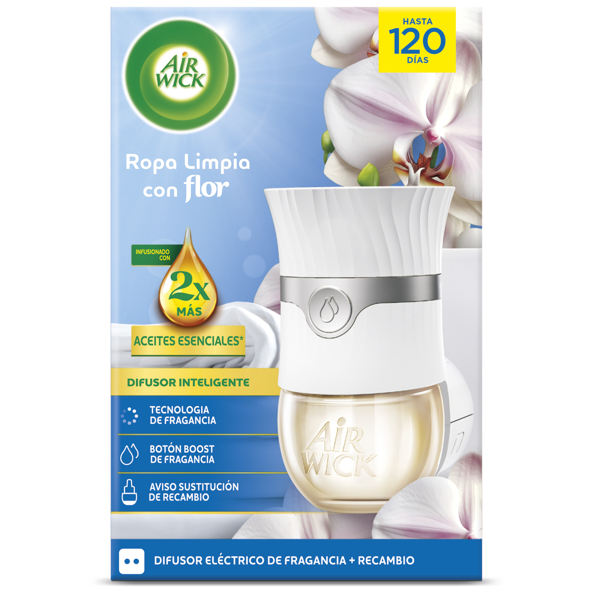 Air Wick Ambientador Eléctrico - Ambientador difusor inteligente con tecnología Anti-Fading con aroma a Ropa Limpia con Flor - Aparato y Recambio