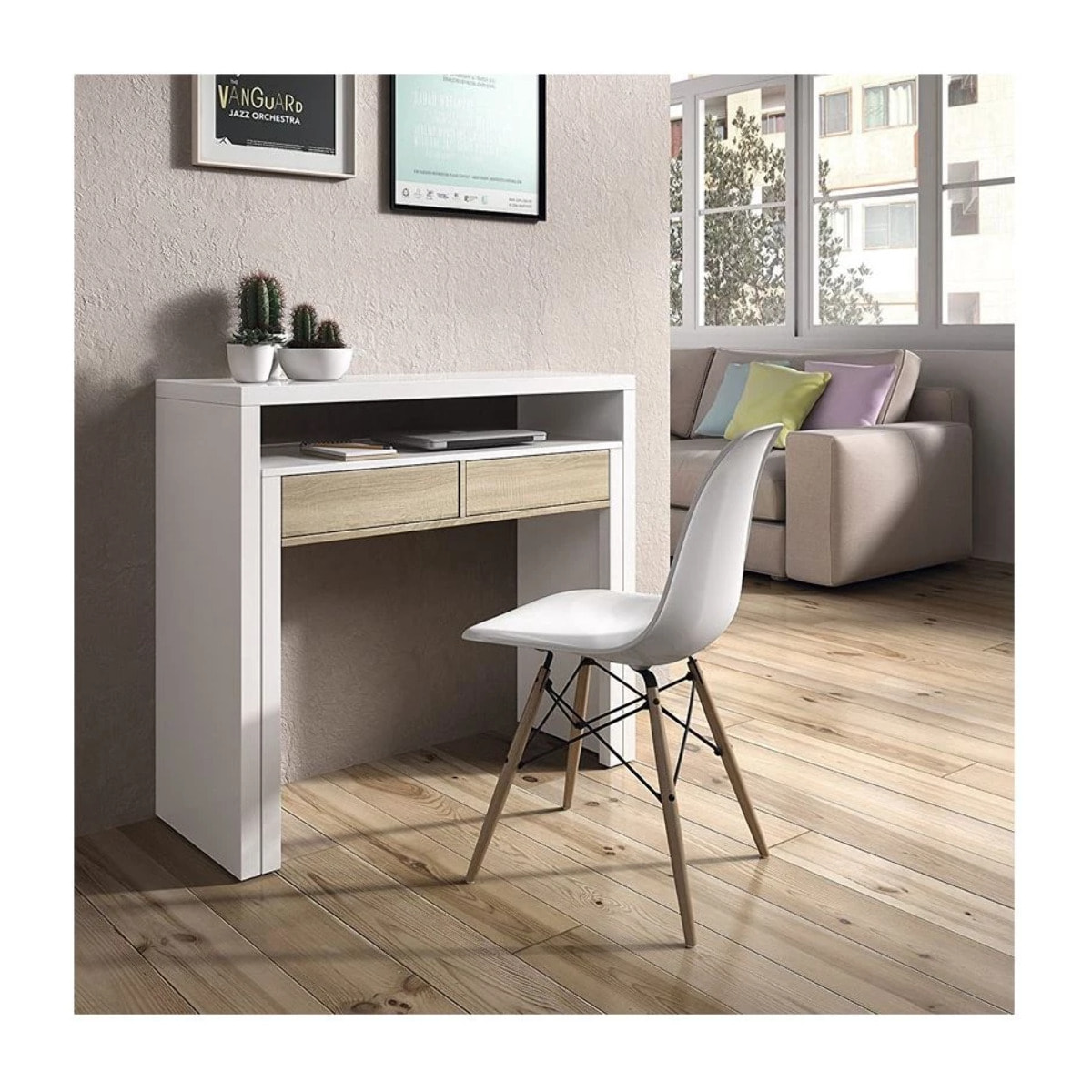 Mesa de escritorio extensible con 2 cajones en blanco artik y roble canadian 98,5x36-70 cm Bureau Blanco Artik (Blanco Mate) - Roble Canadian