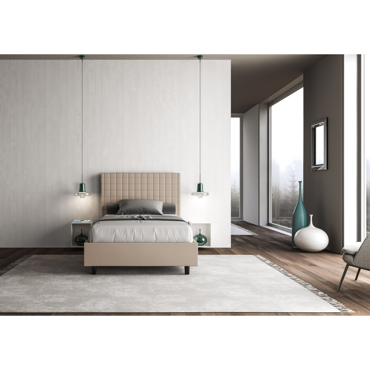 Letto una piazza e mezza contenitore imbottito 120x200 similpelle tortora Sunny