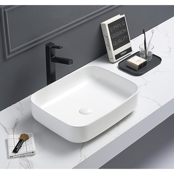 Set vasque à poser rectangulaire 50x39x13cm sans trop-plein + bonde à écoulement libre Infinitio blanc