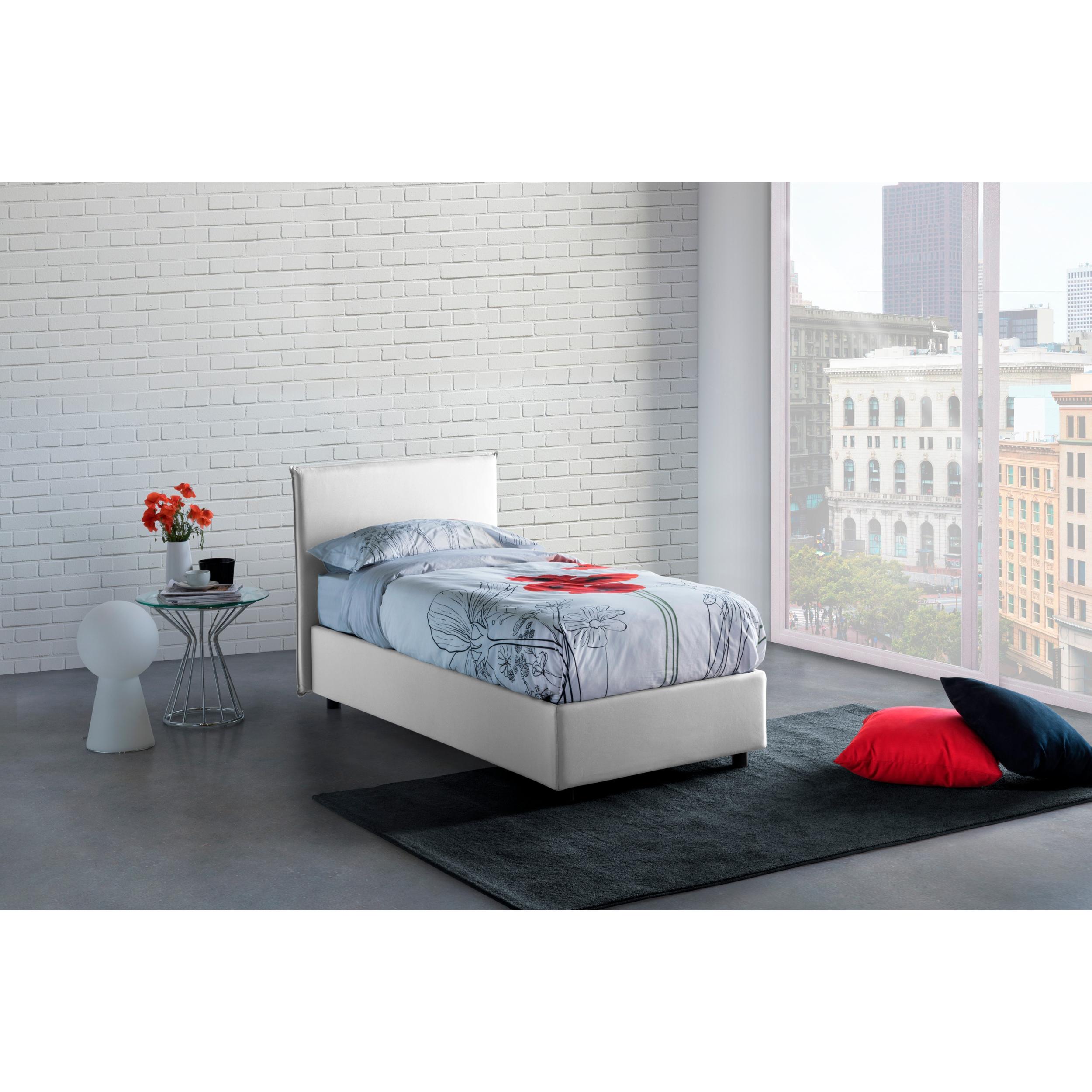 Letto singolo Brunella, Letto contenitore con rivestimento in tessuto, 100% Made in Italy, Apertura frontale, con materasso Cm 80x190 incluso, Bianco