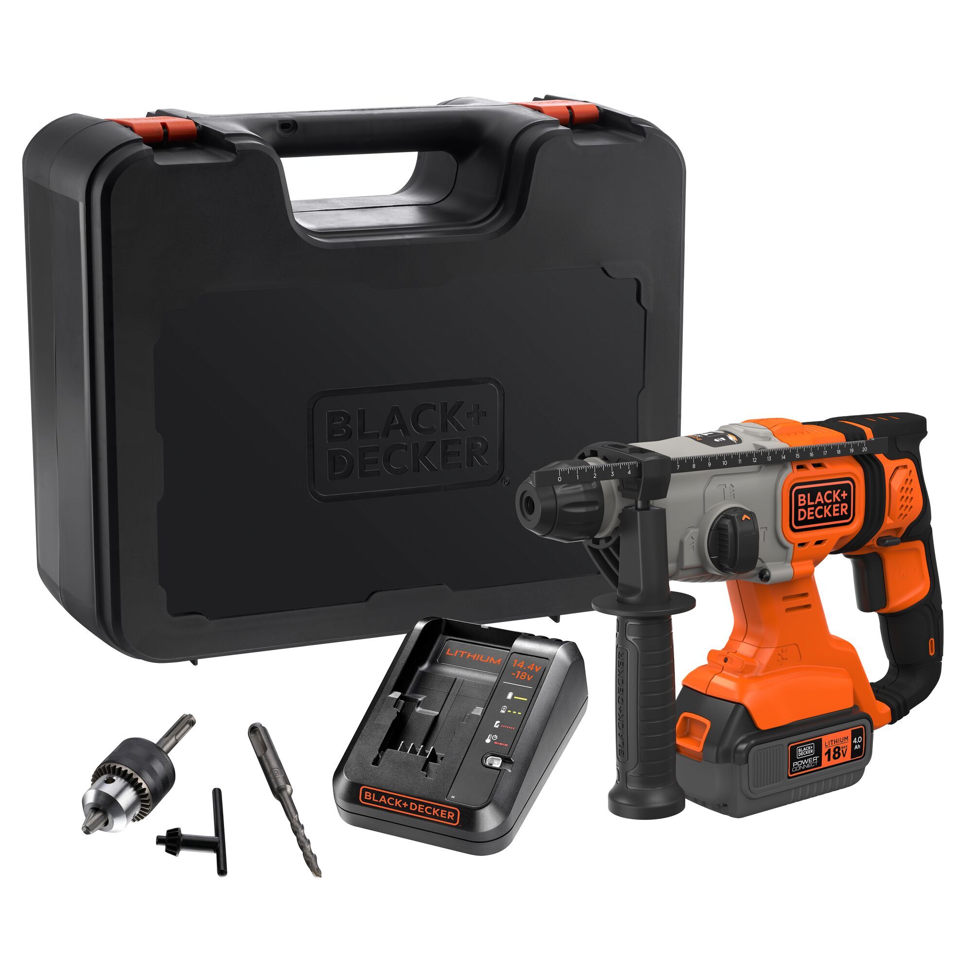 Marteau perforateur sans fil 18V SDS-Plus, batterie 4.0Ah, chargeur 2A, coffret, poignée réglable, éclairage LED