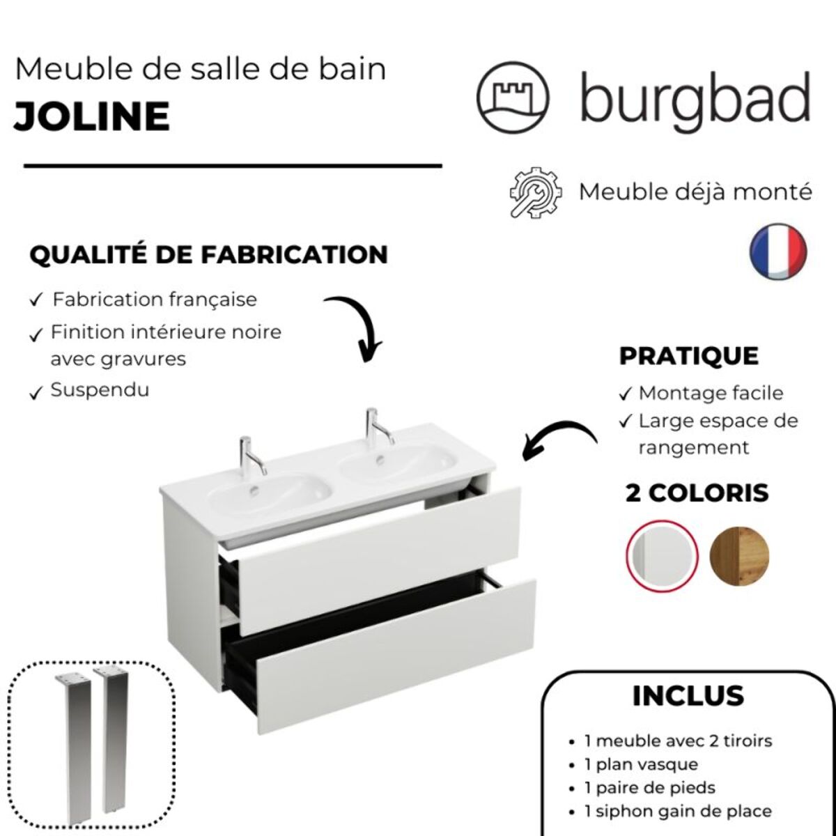 Pack meuble de salle de bain double vasque 120 cm blanc mat BURGBAD Joline + colonne