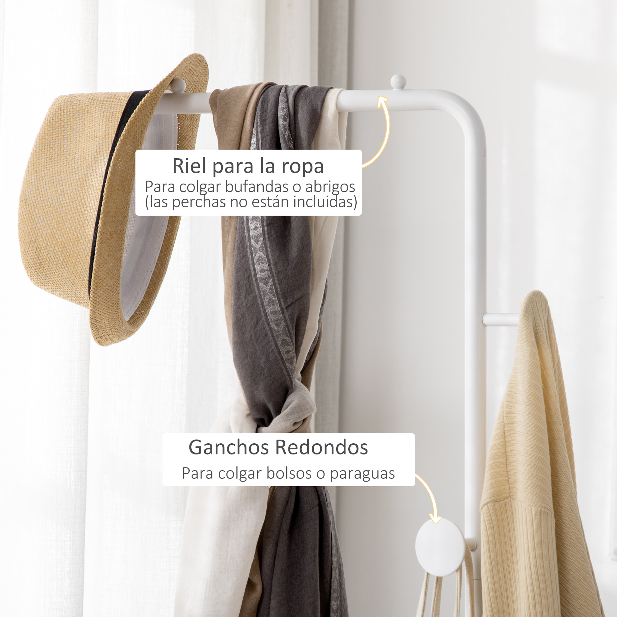 Perchero de Pie Moderno con 2 Ganchos Redondos y Base de Mármol 35x25x170 cm