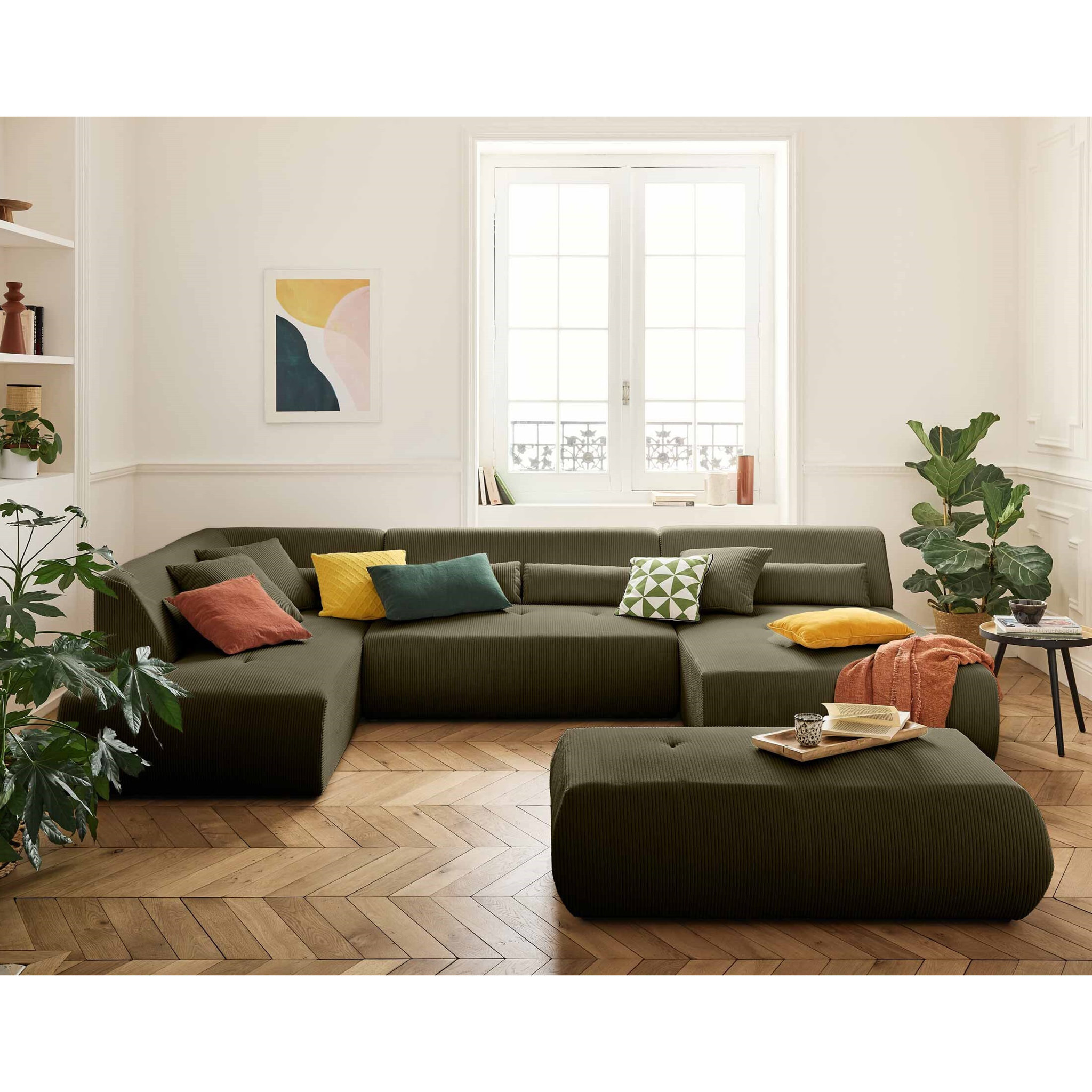 Onyx - canapé panoramique modulable d'angle gauche 7 places - en velours côtelé - Vert