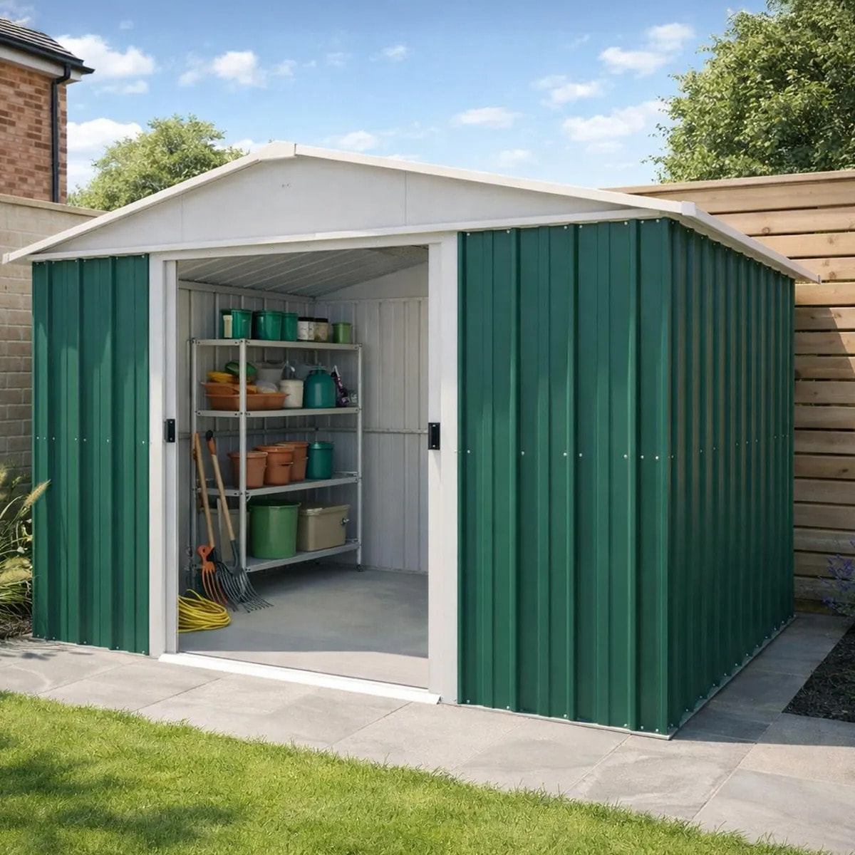 Abri de jardin métal vert Yardmaster 6,44 m² + kit d'ancrage