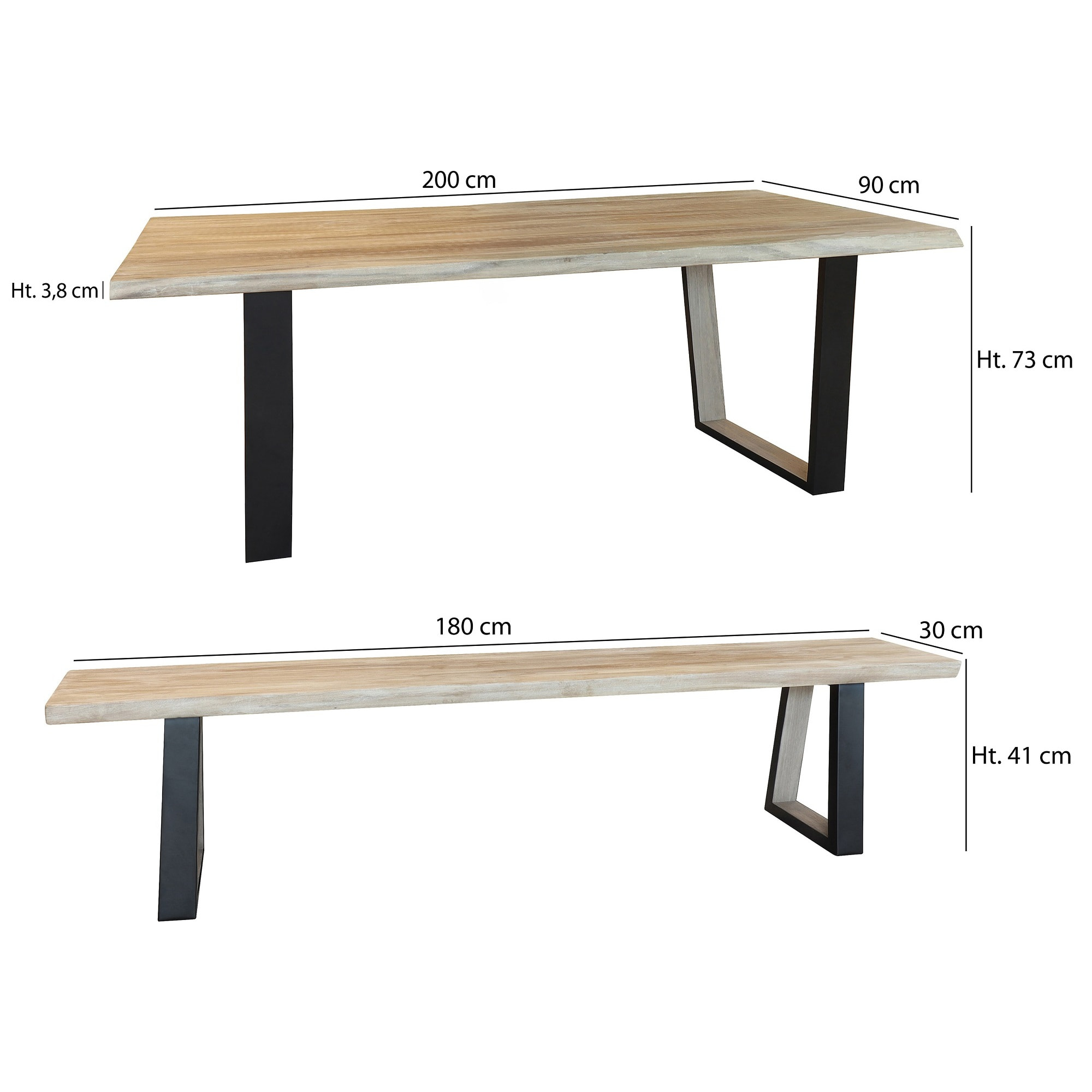 Ensemble table et banc en bois d'acacia et pieds métal noir HERA