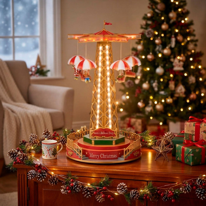 Carrusel navideño papá noel con globos, movimiento giratorio, música y luces led, funciona con pilas, decoración de navidad 24,5x24,5x44,5cm